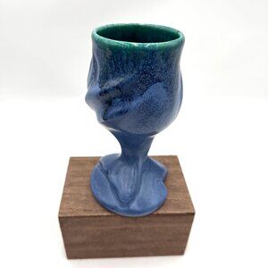 Vintage 80s Art Pottery Doug Wylie Whale Tail Ceramic Wine Glass Goblet blue gre